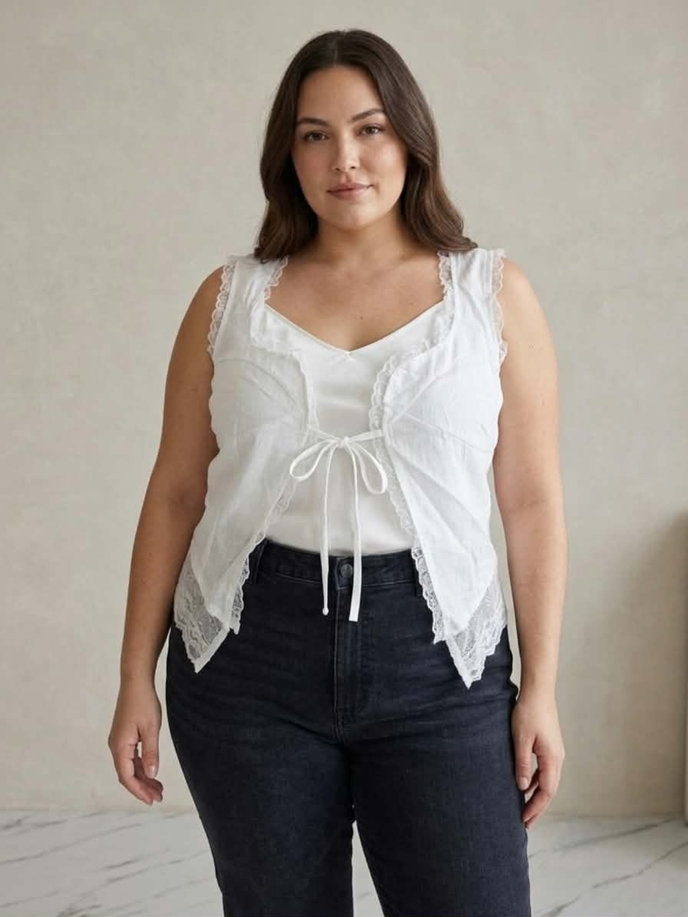 White Lace Trim Tie-Front Cropped Boho Blouse Top – Size XL